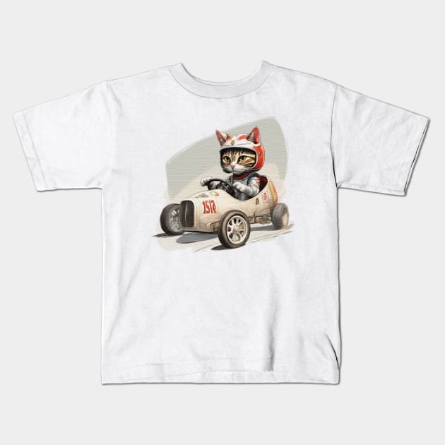 cat in a racing a soap box go kart Kids T-Shirt by JnS Merch Store